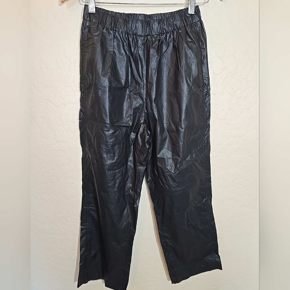 Maison Margiela MM6 Raw Hem Faux Leather Flare Leg Black Shiny Pants Size 8